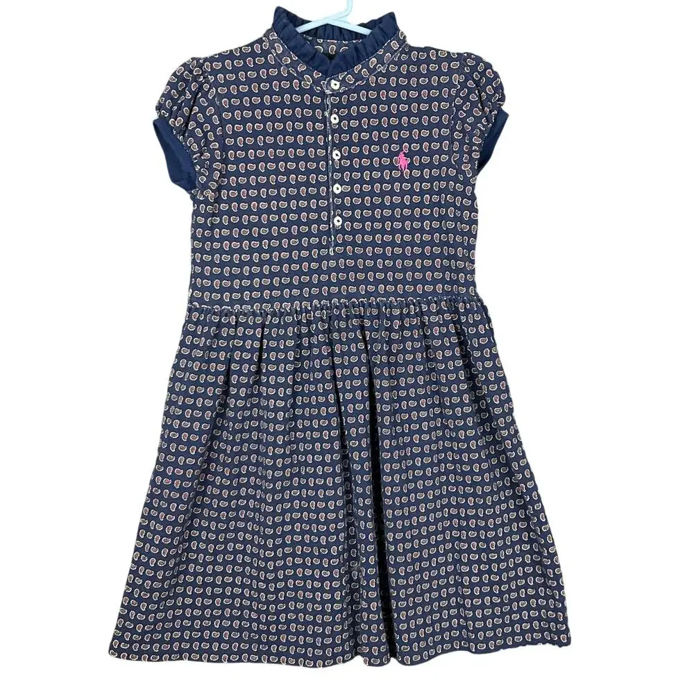 RALPH LAUREN Girls Dress Navy Blue Pink Paisley Ruffle Pony Logo Puff Sleeve 6
